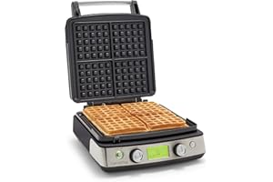 GreenPan Elite 4-Square Belgian & Classic Waffle Iron, Healthy Ceramic Nonstick Aluminum Dishwasher Safe Plates, Adjustable Shade/Crunch Control, Wont Overflow, Easy Cleanup Breakfast, PFAS-Free,Black