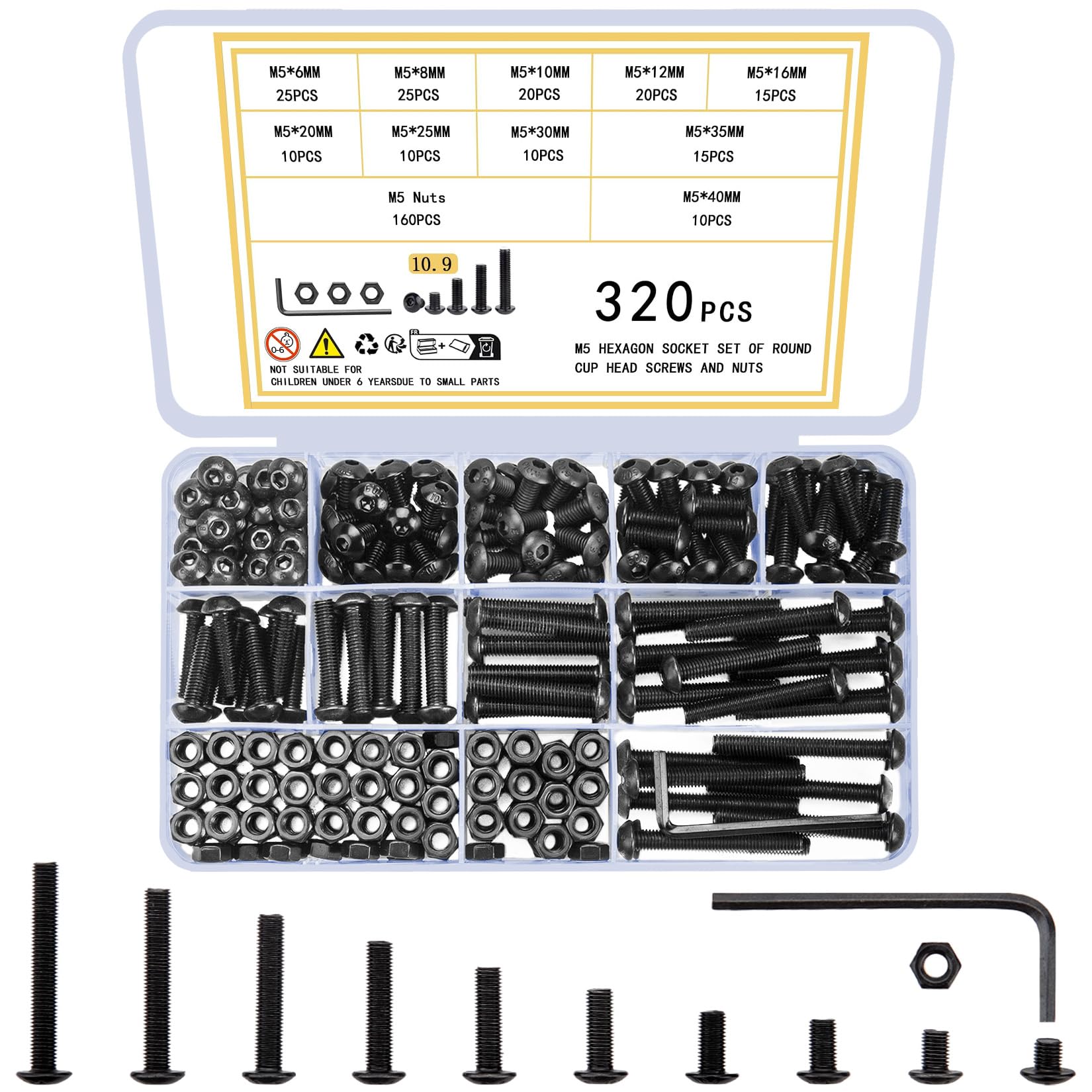 woshilaoDS 320 Pcs M5 Nuts and Bolts Set, M5 Bolts and Nuts Set, Round Head Hexagon Socket Screws Sets, Hex Machine Screws, Hex Socket Button Head Bolt Kit
