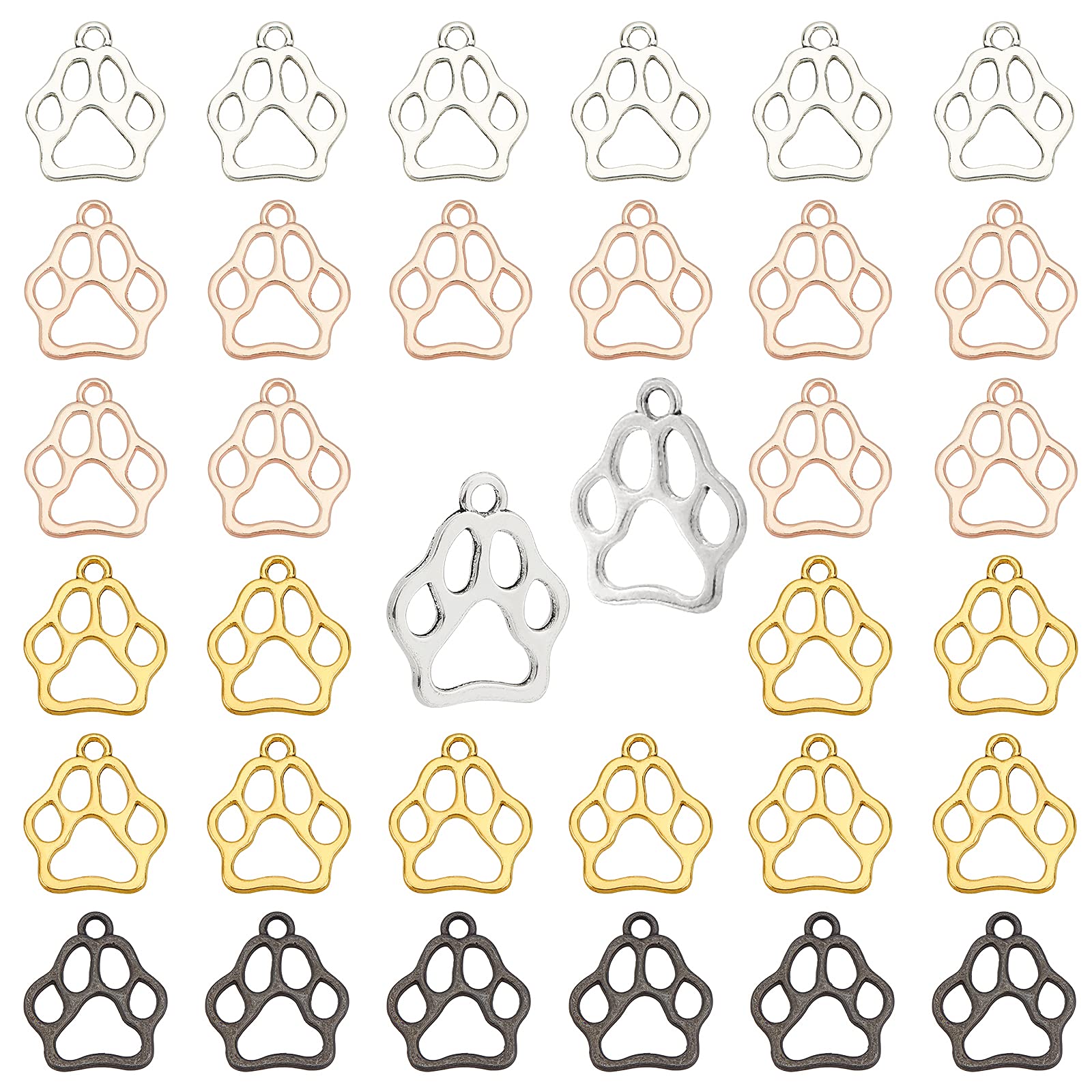 PH PandaHall 200pcs 4 Colors Paw Charms Pendants Alloy Animal Cat Dog Paw Charms Pet Puppy Footprint Charm Pendant for Necklace Bracelet Jewellery Collar Making DIY Crafting