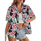 Women Hawaiian Shirt Button Down Summer Tops Beach Cool Short Sleeve V Neck Blouse