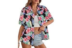 CHICALLURE Womens Hawaiian Shirts Summer Floral Print Shirt Short Sleeve Tropical Tops Casual Button Down Blouse