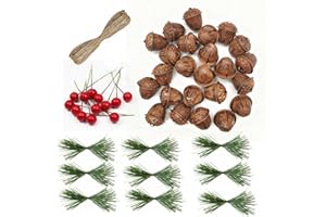 Youshe 24Pcs Rustic Acorn Jingle Bells with Faux Pine Picks Red Berry, Vintage Pinecone Christmas Bells 1.2inch Metal Craft B