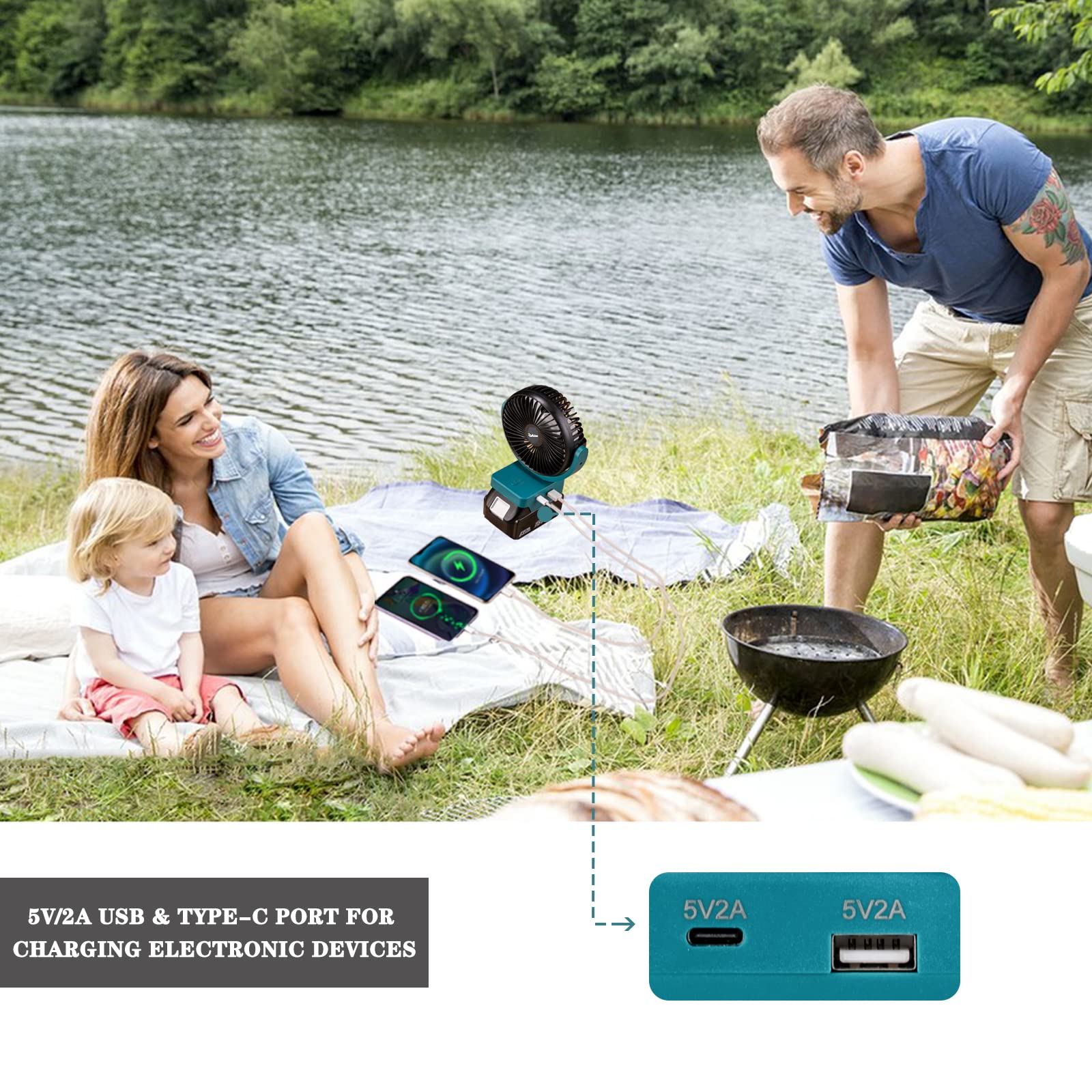 Rozlchar Portable Cordless Fan Compatible For Makita 18V Battery, Work for BL1860 BL1850 BL1840 BL1830, Jobsite Fan With USB A+C Fast Charging For Camping Workshop and Construction Site(No Battery)