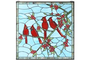 Bieye W10089 Red Cardinals on Holly Branches Tiffany Style Stained Glass Window Panel - 22-inch Square Shape