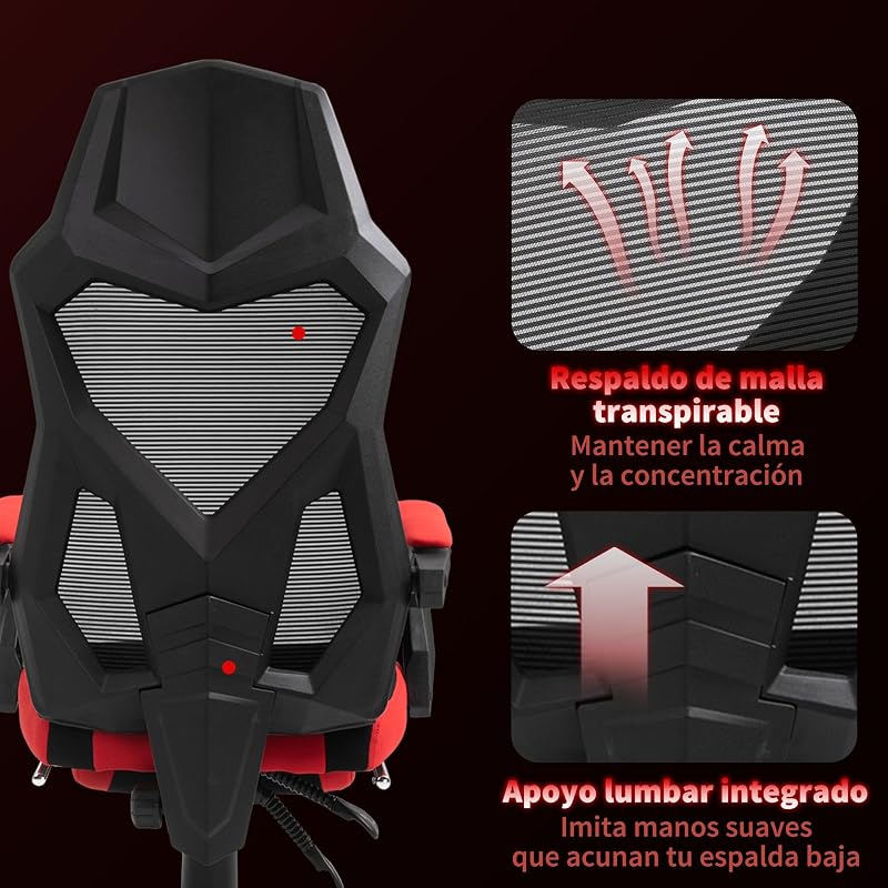 Silla Gaming Giratoria de Malla con Reposapiés Retráctil Rojo — foto 5 de 8