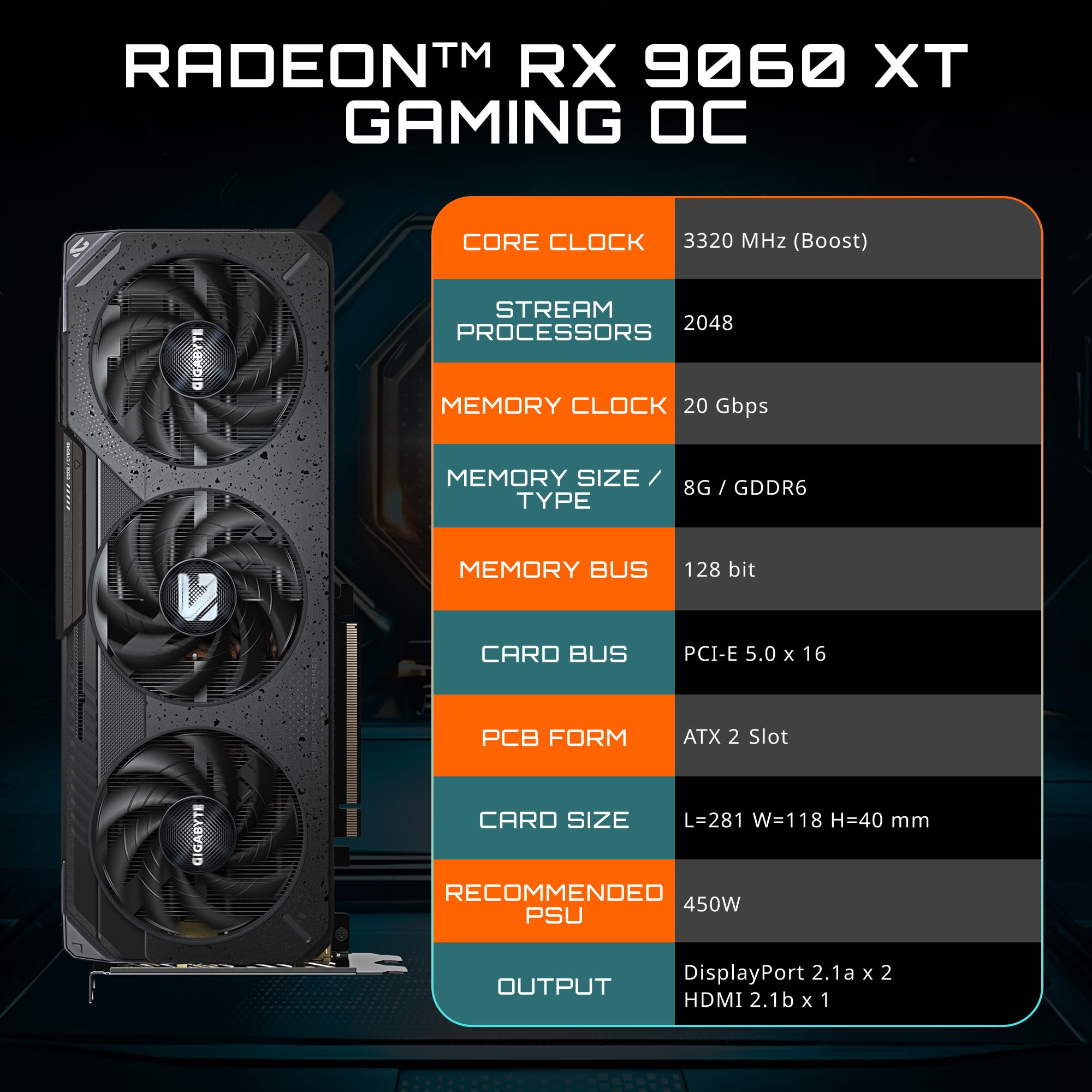 GIGABYTE Radeon RX 9060 XT Gaming OC 8G Graphics Card, PCIe 5.0, 8GB GDDR6, GV-R9060XTGAMING OC-8GD Video Card