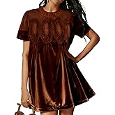 Freyhem Womens Velvet Lace A-Line Overall Casual Pleated Swing Babydoll Wedding Skirtall Scallop Neck Flared Mini Dress