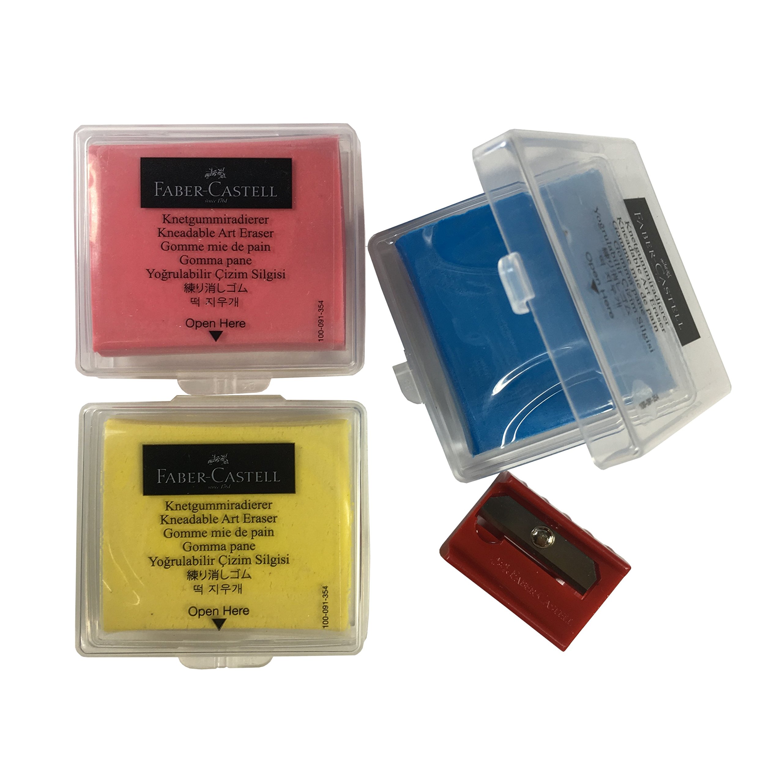 Photo 1 of Faber-Castell Colored Kneaded Art Eraser Soft Durable Sketch Putty Rubber, Kneadable Rubber Eraser With Plastic Case in 3 Colors - Red, Yellow, Blue + 1 Sharpener (3 + 1)