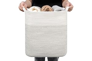 LAUGHBIRD Medium and Large Woven Basket//With Handle, Used for Toys and Fabric Storage Basket used for Storing xl Storage Box, Decorative Storage Box Room (14L*15.7H I White/Black Line, 14L*10W*15.7H)