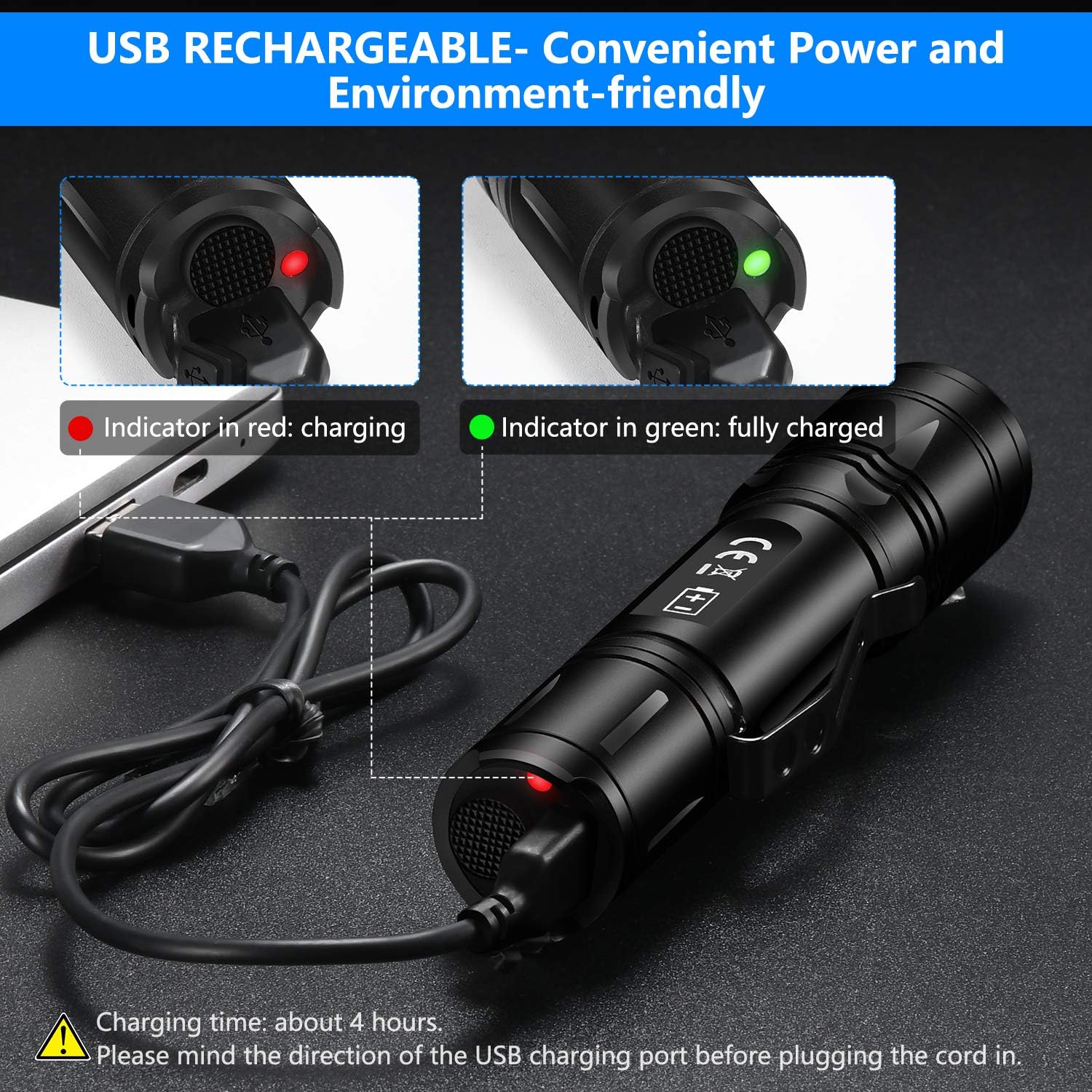 MIKAFEN Rechargeable LED Flashlight 1200 Lumens, IP7 Waterproof, 3 Modes, High Lumen Tactical Flashlight (18650 Battery Include) - - 