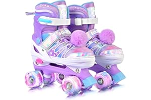 SULIFEEL Rainbow Tie-Dye Adjustable Roller Skates for Girls Kids Ages 3-5 5-8 6-12 Pink Purple Light Up Skate with Fluffy Pom Poms Triple Protection for Indoor Outdoor Skating