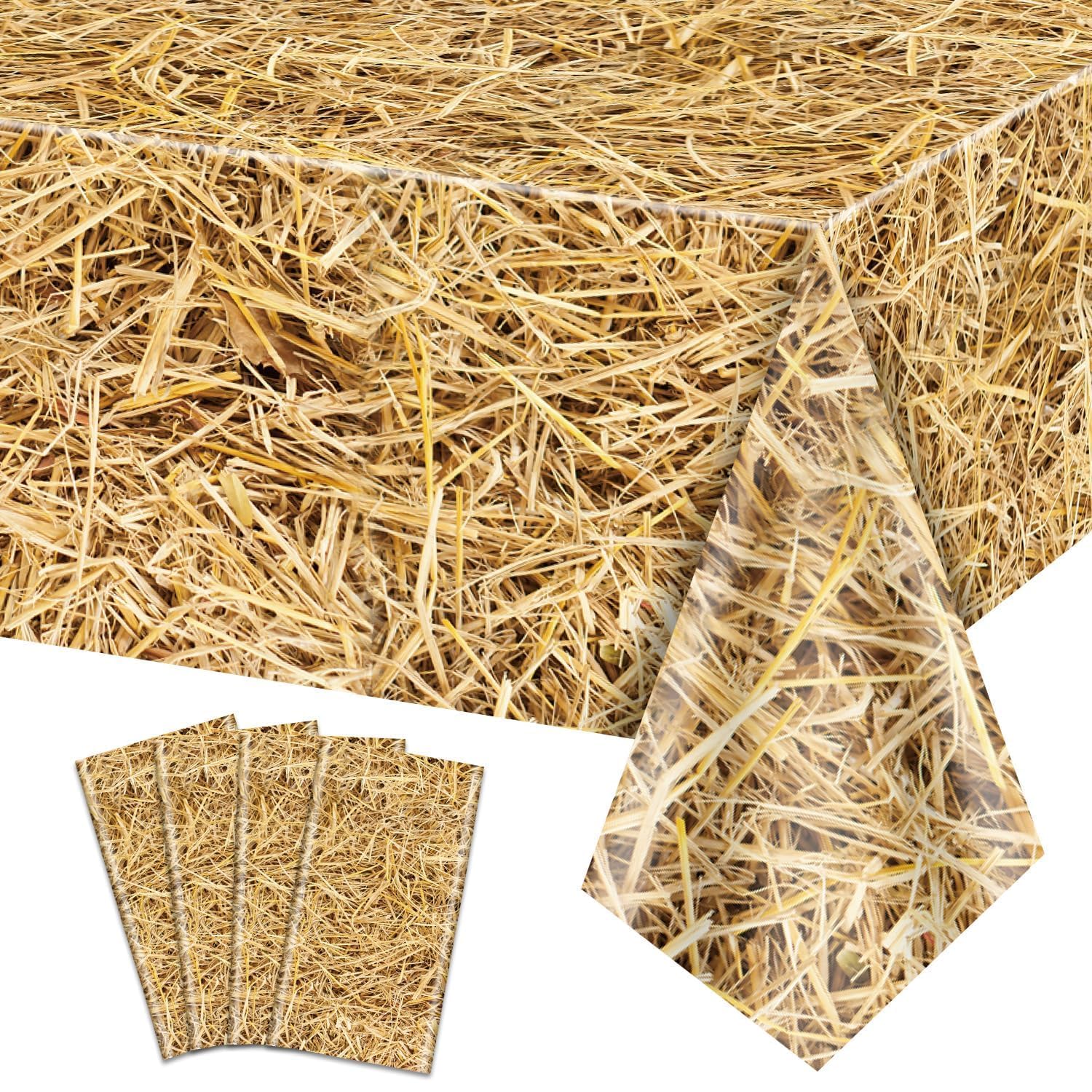 PTECDROTS 4 Pcs Straw Tablecloth Rectangular Straw Table Cover Waterproof Farm Table Cloth Hay Stacks for Farm Party Decorations Cowboy Western Theme Party Supplies, 130 x 270cm