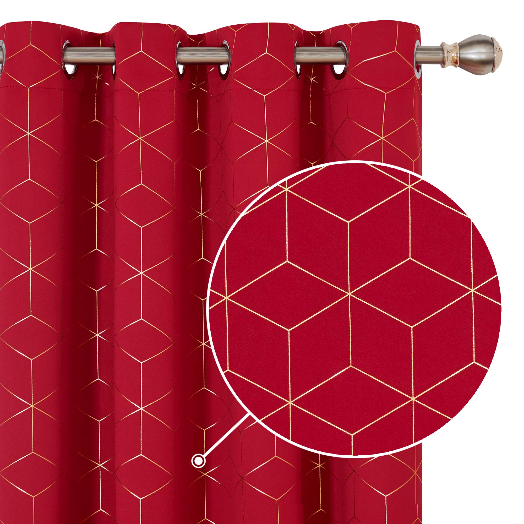Deconovo Christmas Decorations Eyelet Curtains, Super Soft Gold Diamond Printed Blackout Curtains, Thermal Insulated Curtains for Wedding, 52 x 63 Inch(Width x Length), Red, One Pair