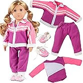 Gymnastics Doll Outfit for 18" Dolls (4 Piece Set) -Sports Premium Costume Handmade Clothes and Accessories Include Leotard, Warm-Up Pants & Jacket, Sneakers-Sports Apparel for Doll, Gift for Girls