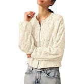 ZOCPEONY Women Lace Crop Jacket Floral Long Sleeve Zip Coat | Lightweight Casual Bomber Jacket with Pockets, Crew Neck, Floral lace design, Fully Lined, Fashion Spring Fall Outerwear