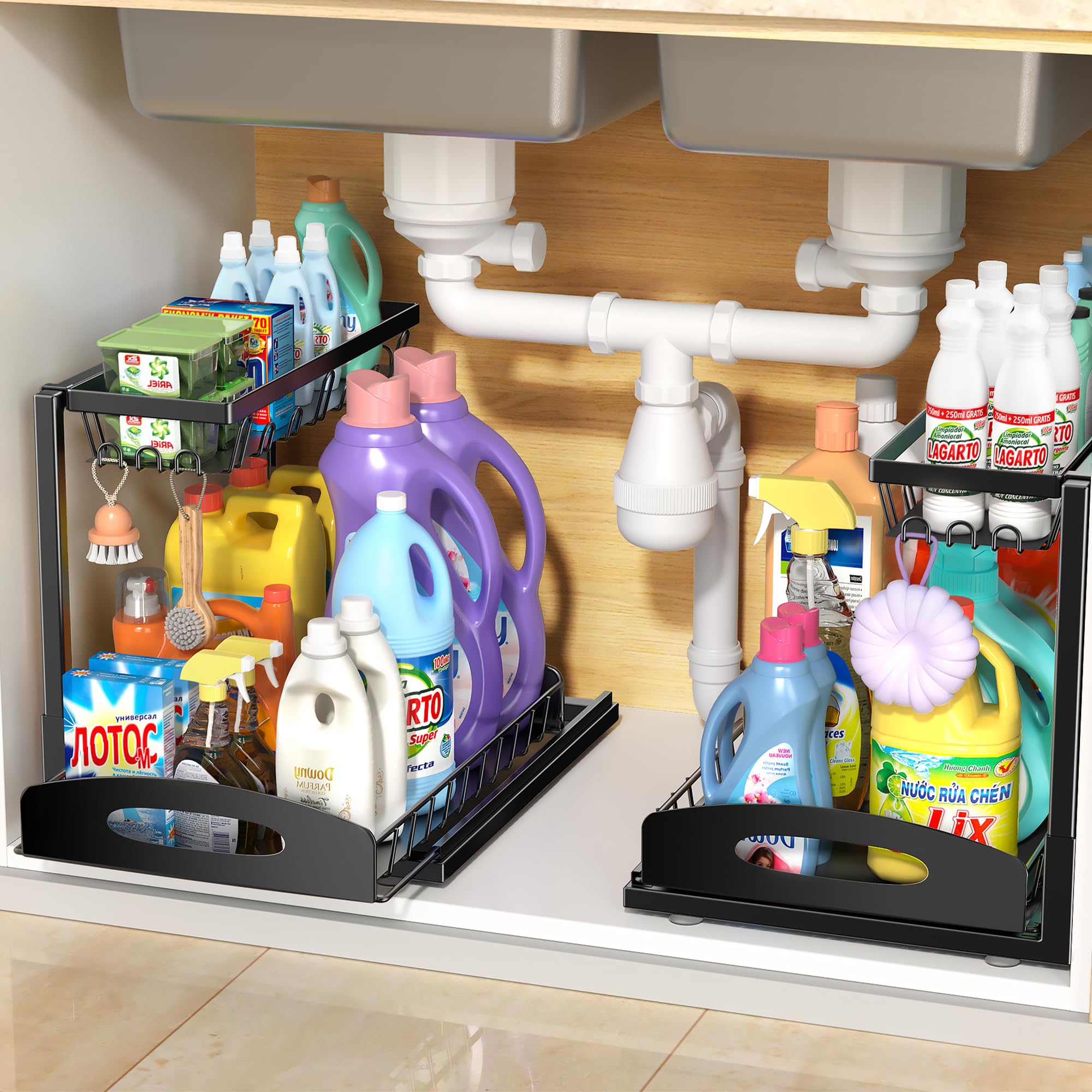 Photo 1 of Fkprorjv Under Sink Organizer, 2 Pack L-Shaped Bathroom Kitchen Organizers and Storage, Pull Out Sink Cabinet Drawer Shelf Pantry Organizer and Storage, Black