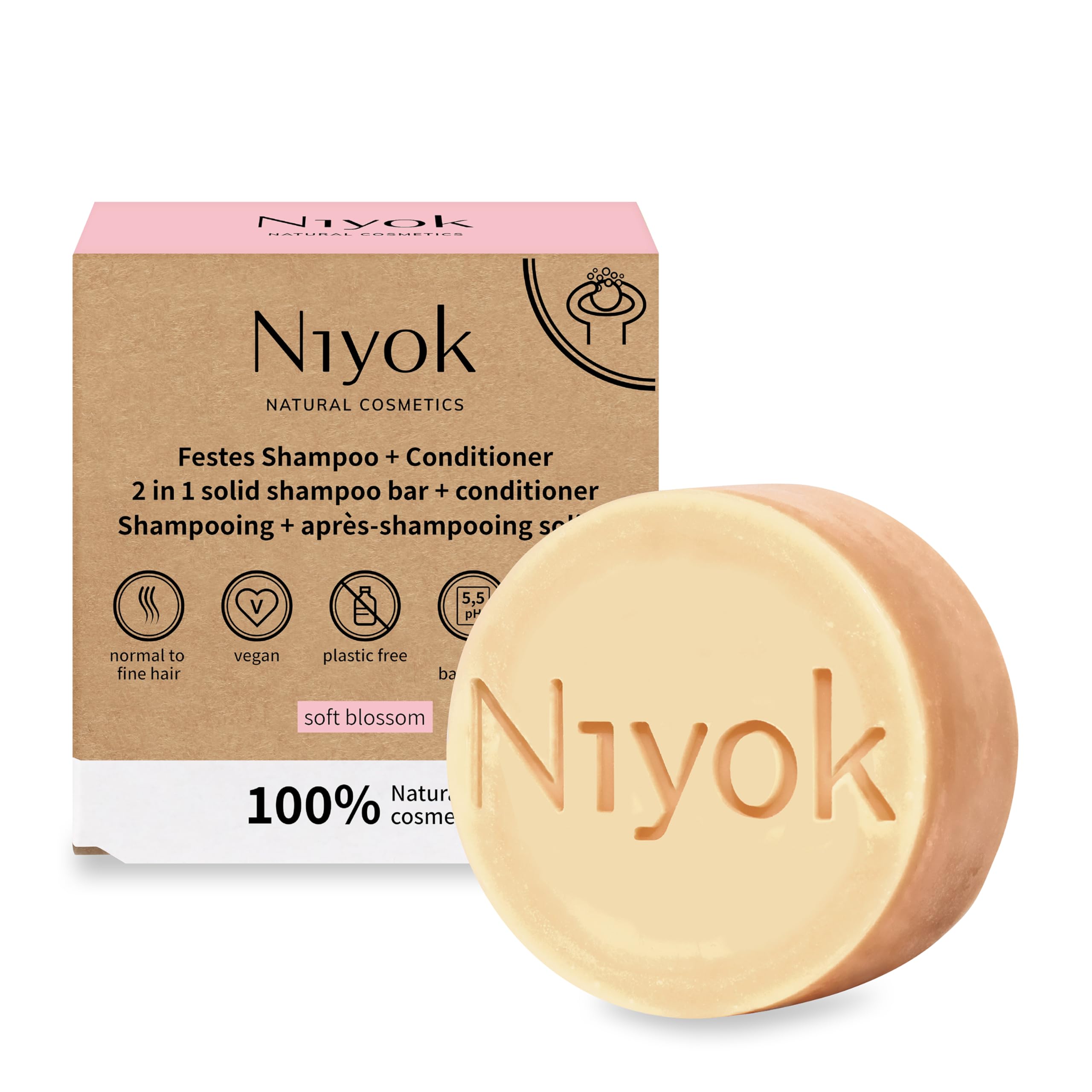 Niyok® 2 in 1 firm shampoo and conditioner, skin-neutral, vegan, plastic-free, normal to fine hair, better combability, soft blossom, 80 g