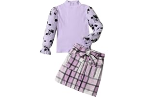Sislerew Toddler Girl Clothes Girls Outfits Flare-lace Sleeve Top and Plaid Skirt Dress Fall Winter 2Pcs Girls Clothes 5-12T