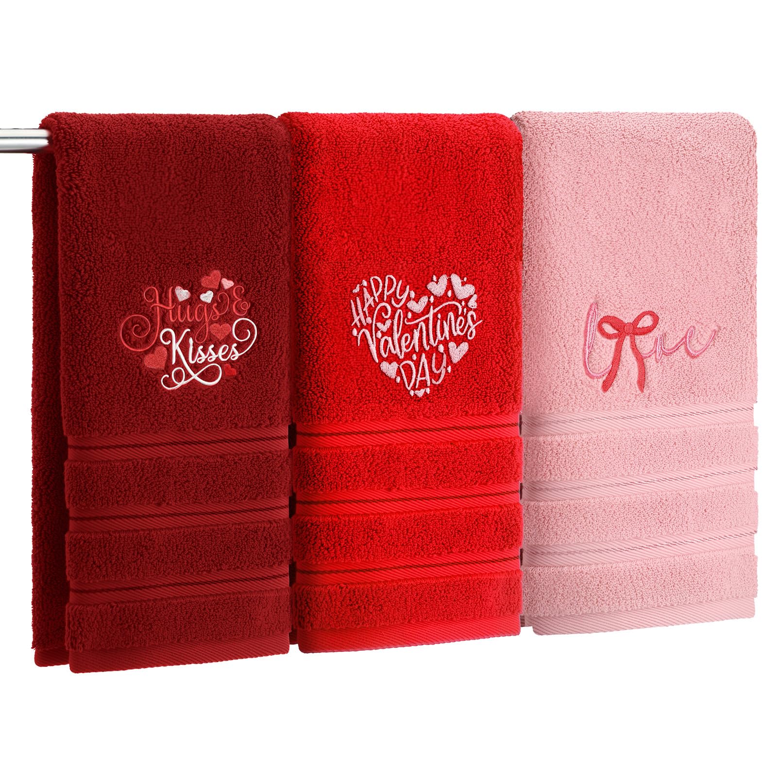 FuWeave 3 Pcs Valentine's Day Hand Towels Happy Valentine Day Pink Heart Embroidered Decorative Towels 13.4X 29.1 Inch 100% Cotton Absorbent Soft Decor Housewarming Gift