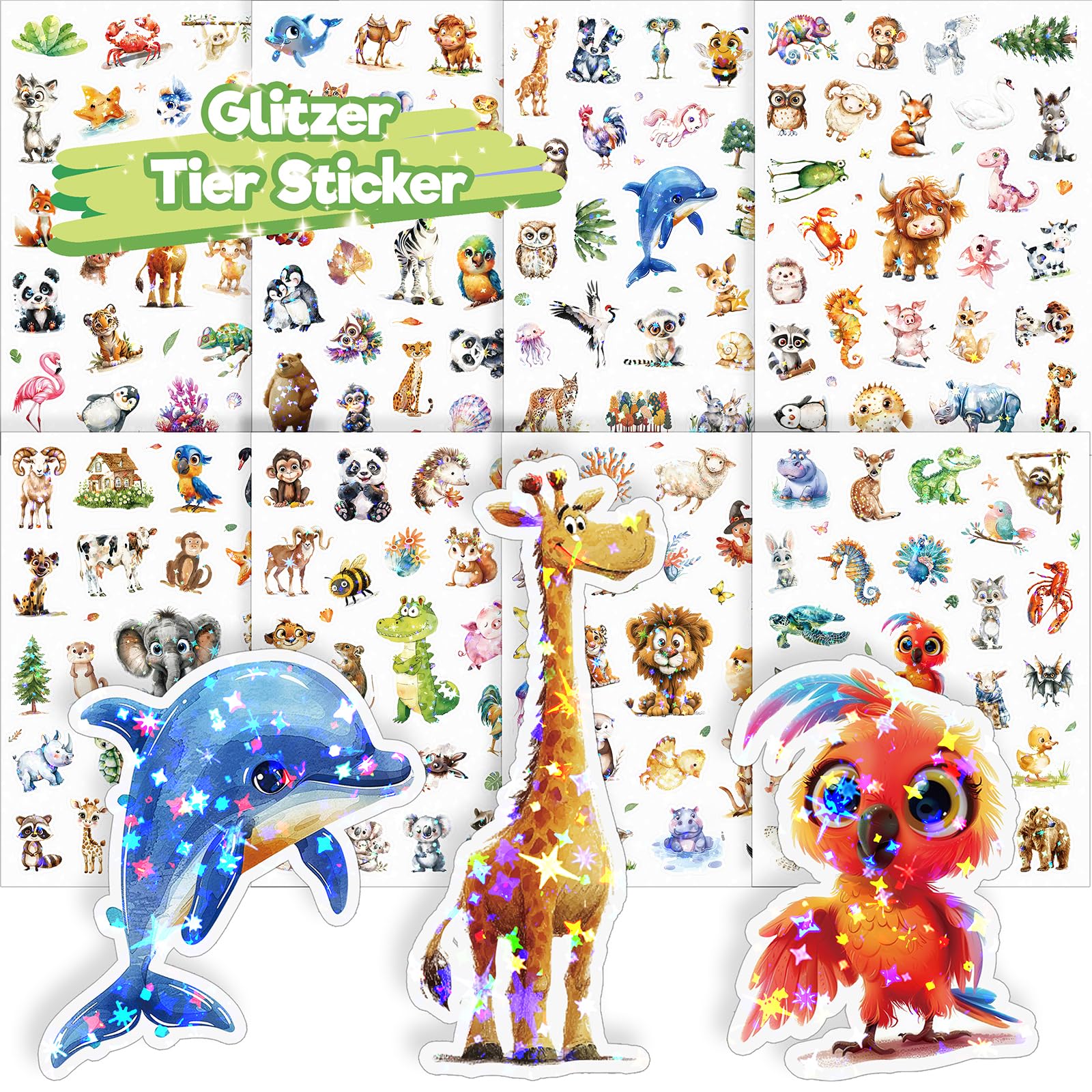 Animal Glitter Stickers for Children, 8 PCS Cute Animal Stickers, Holographic Finish, Suitable for Books, School Bags, Tablets, Bicycles, and Drinking Cups