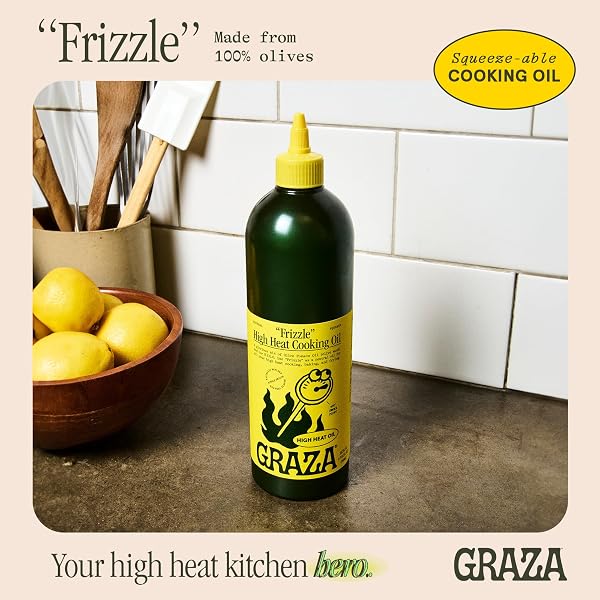 GRAZA FRIZZLE HIGH HEAT COOKING OIL – COOKING OIL WITH A HIGH SMOKE POINT & NEUTRAL FLAVOR IN A SQUEEZE BOTTLE FOR FRYING, BAKING & GRILLING – OIL MADE FROM 100% OLIVES – 25.3 FL OZ (750ML)