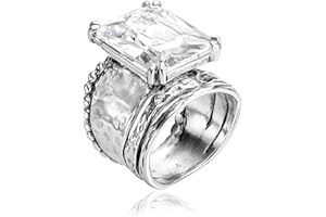 JEAN RACHEL JEWELRY 925 Sterling Silver Ring - Hammered Vintage Design with Octagon Shaped Cubic Zirconia - Hypoallergenic, L