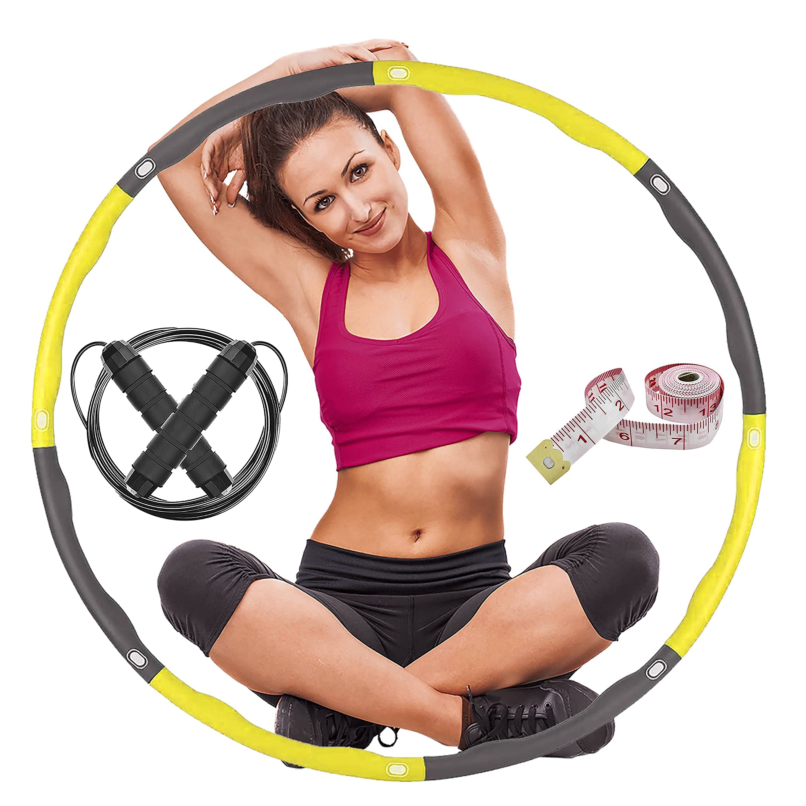 Weighted Hula Hoop For Adult Exercise Foam Padded Smart Wavy Hoop With Skipping Rope & Measuring Tape For Indoor/Outdoor Use Workout Equipment Unisex Fitness Ring
