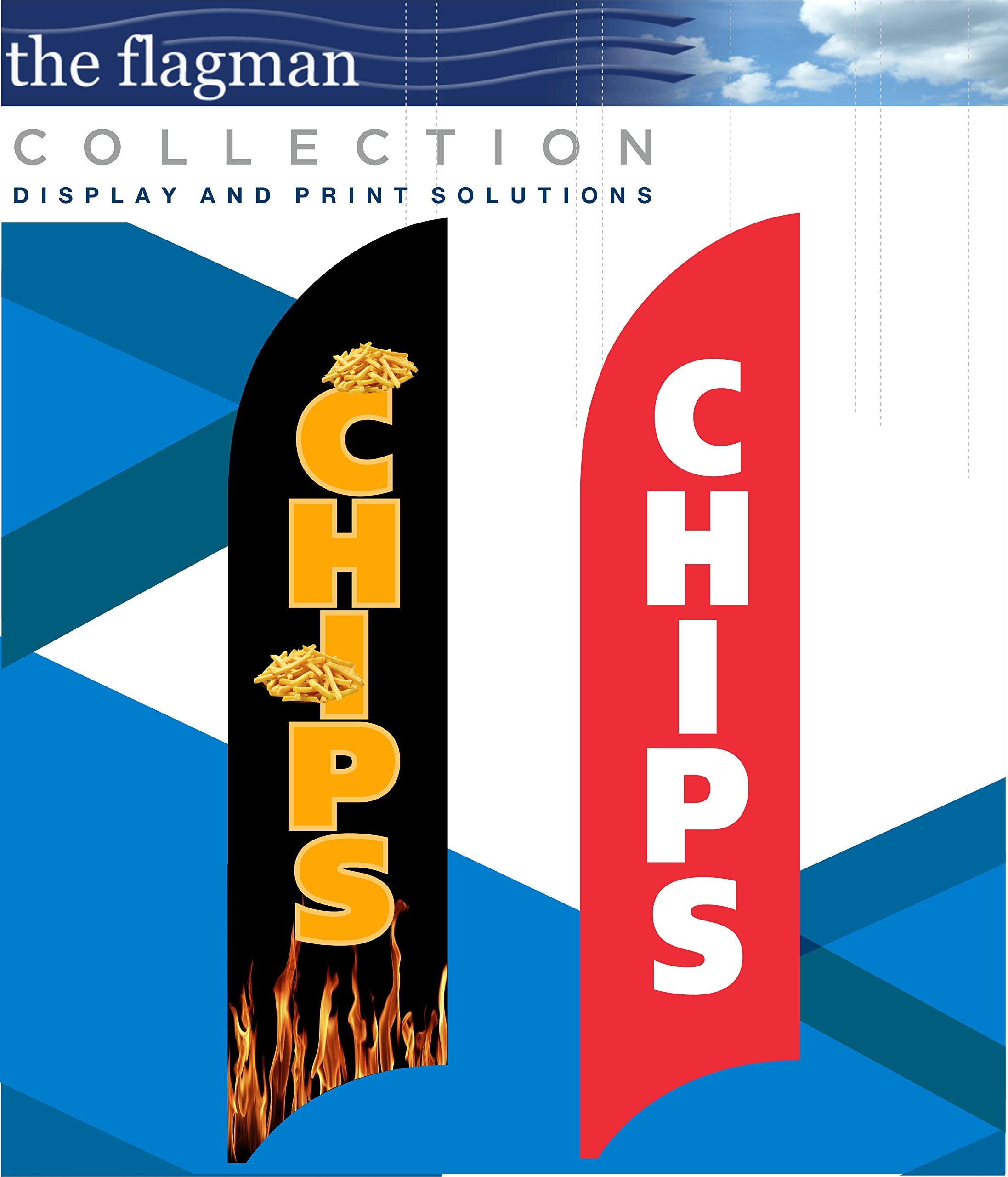 The Flagman CHIPS WITH FLAMES FEATHER FLAG (PRINTED TO ORDER).+ALUMINIUM POLE & BASE KIT