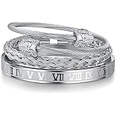 WFYOU 3PCS Stainless Steel Bracelets for Men Gold Roman Numeral Bangle Bracelet Twisted Cable Bracelet Adjustable Cuff Bracelet Mens Luxury Jewelry Bracelets Gifts