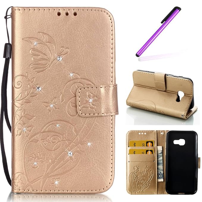 EMAXELERS Galaxy A3 2017 Hülle Glitzer Bling Schmetterling Muster PU Leder Ledercase Flip Tasche Wallet Schutzhülle Etui Tasc