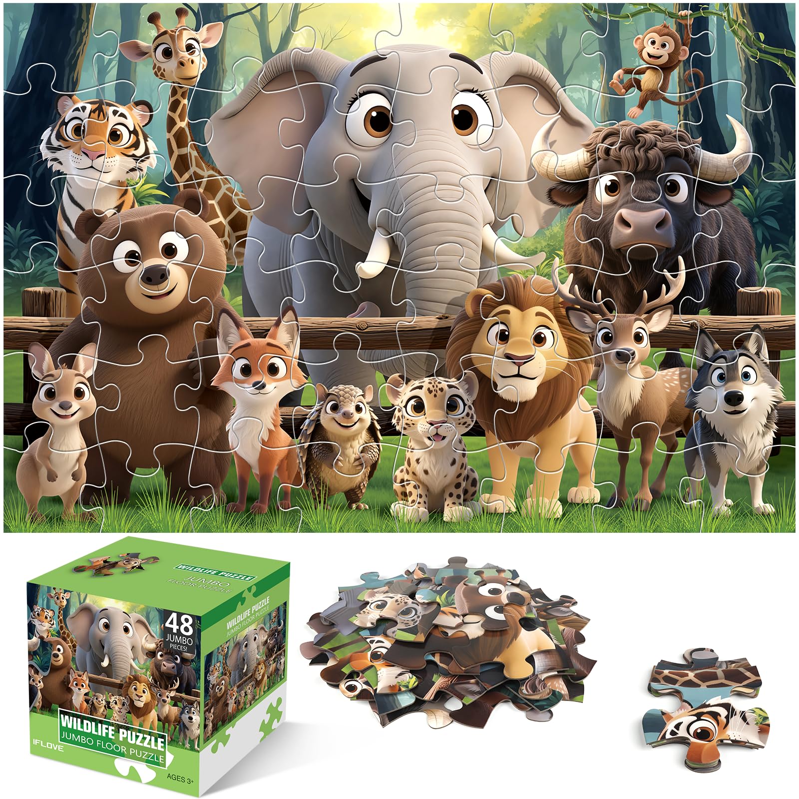 Jumbo Floor Puzzle for Kids,48 Piece Forest Animal Large Jigsaw Puzzles,Learning Educational Toys for Toddlers Ages 3-5,Wildlife Preschool Puzzles Children Easter Gift for Boy Girl Ages 4-8 W