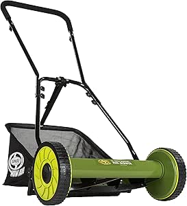 Snow Joe MJ500M 16-Inch Manual Reel Mower w/Adjustable Cutting Height, 6.6-Gallon Removable Grass Catcher, 5 Steel Blades, 2-Wheels, 24.5" L x x 49.2" H, Green/Black