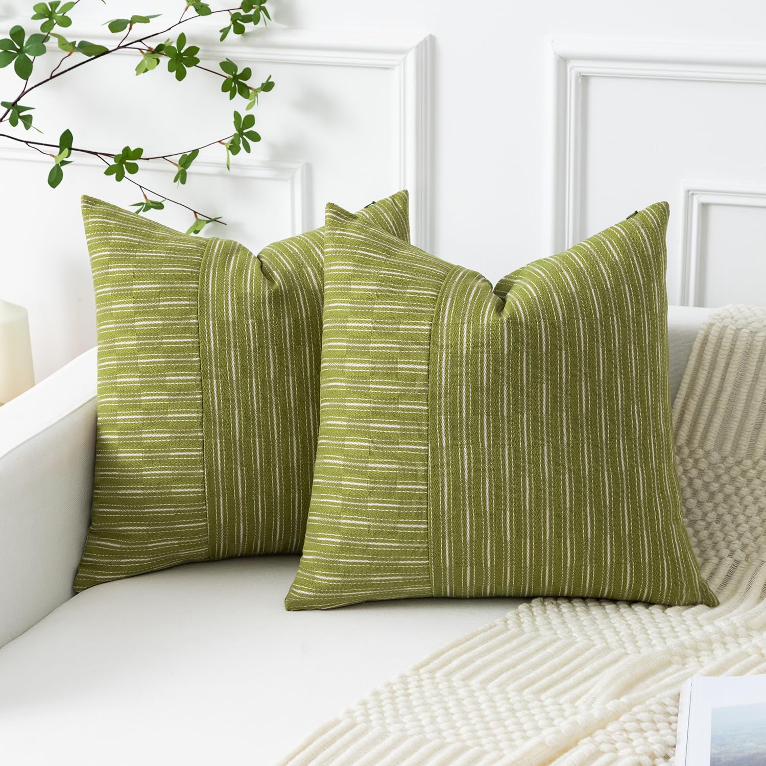 Photo 1 of Kevin Textile Light Green and Beige Farmhouse Striped Patchwork Linen Spring Decorative Throw Pillows Covers 18x18, Set of 2, Modern Accent Square Cushion Covers for Couch Chair Bedroom Decorations