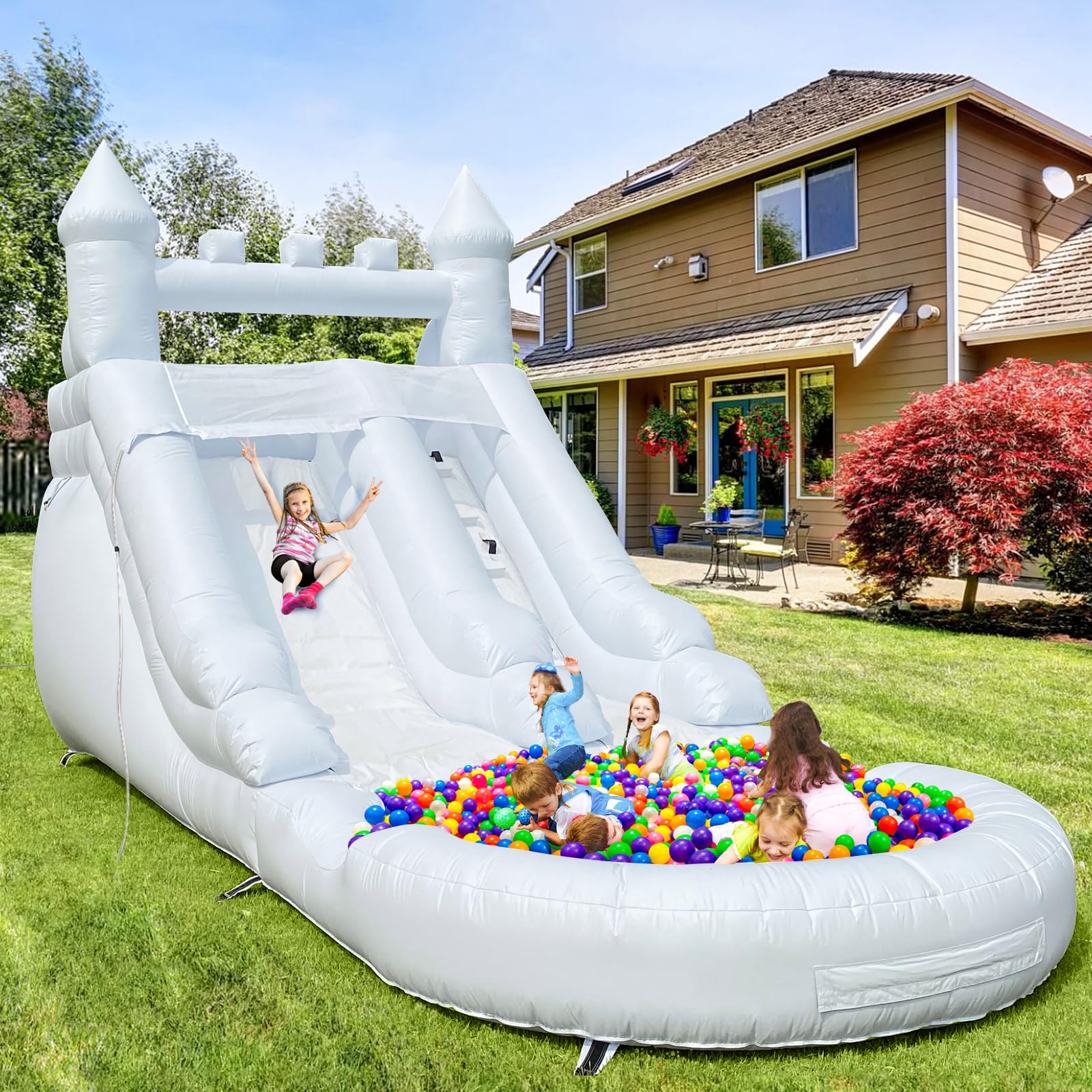 Commercial Grade Water Slide 21'x9'x12' Inflatable with Pool for Kids and Adults (with Blower Include), Wet Dry Use, Summer Splash Fun (White Water Slide, Commercial PVC)