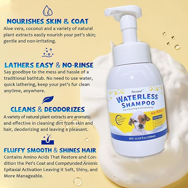 PETSTORAL WATERLESS DOG SHAMPOO NO RINSE PUPPY DRY HYPOALLERGENIC SHAMPOO AND CONDITIONER – SOOTHING AND DEODORIZING QUICKLY CLEANS SMELLY DOGS AND CATS (11.84 FL OZ/350ML)