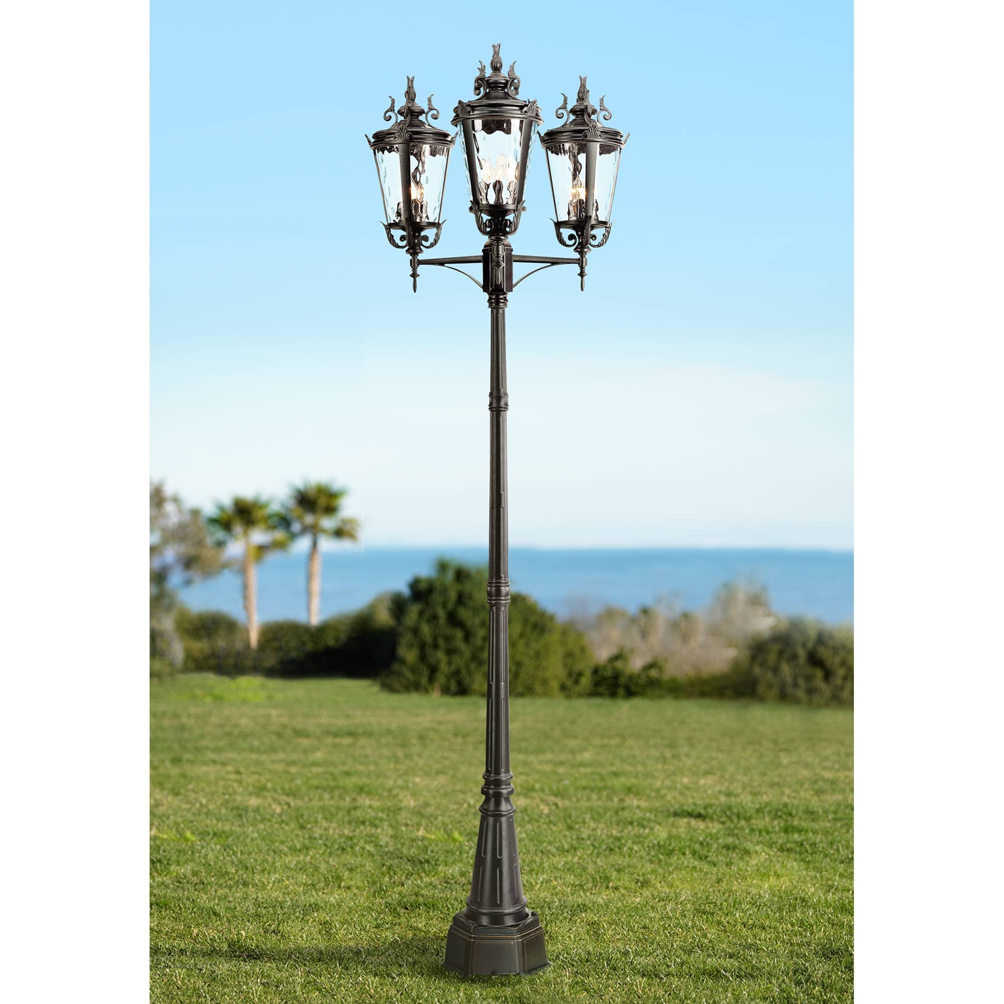 John TimberlandMarseille Traditional Outdoor Post Light Street Lantern 3-Light Fixture Textured Black 100" Clear Hammered Glass Lantern Exterior House Porch Patio Outside Deck Yard Driveway