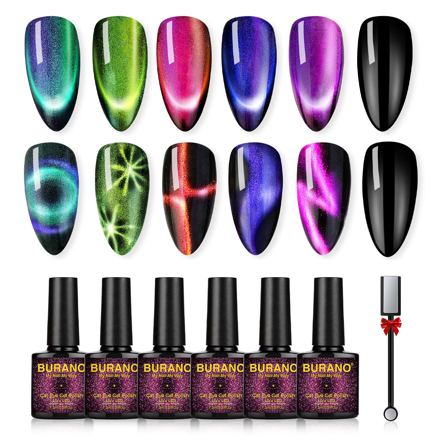 BURANO Cat Eye Gel Polish Set 9D Holorgraphic Translucent UV Gel with Magnet, 6 Colors Pink Nude Purple Green Blue Cat Magnetic Eye GelPolish DIY Home (Kit03)