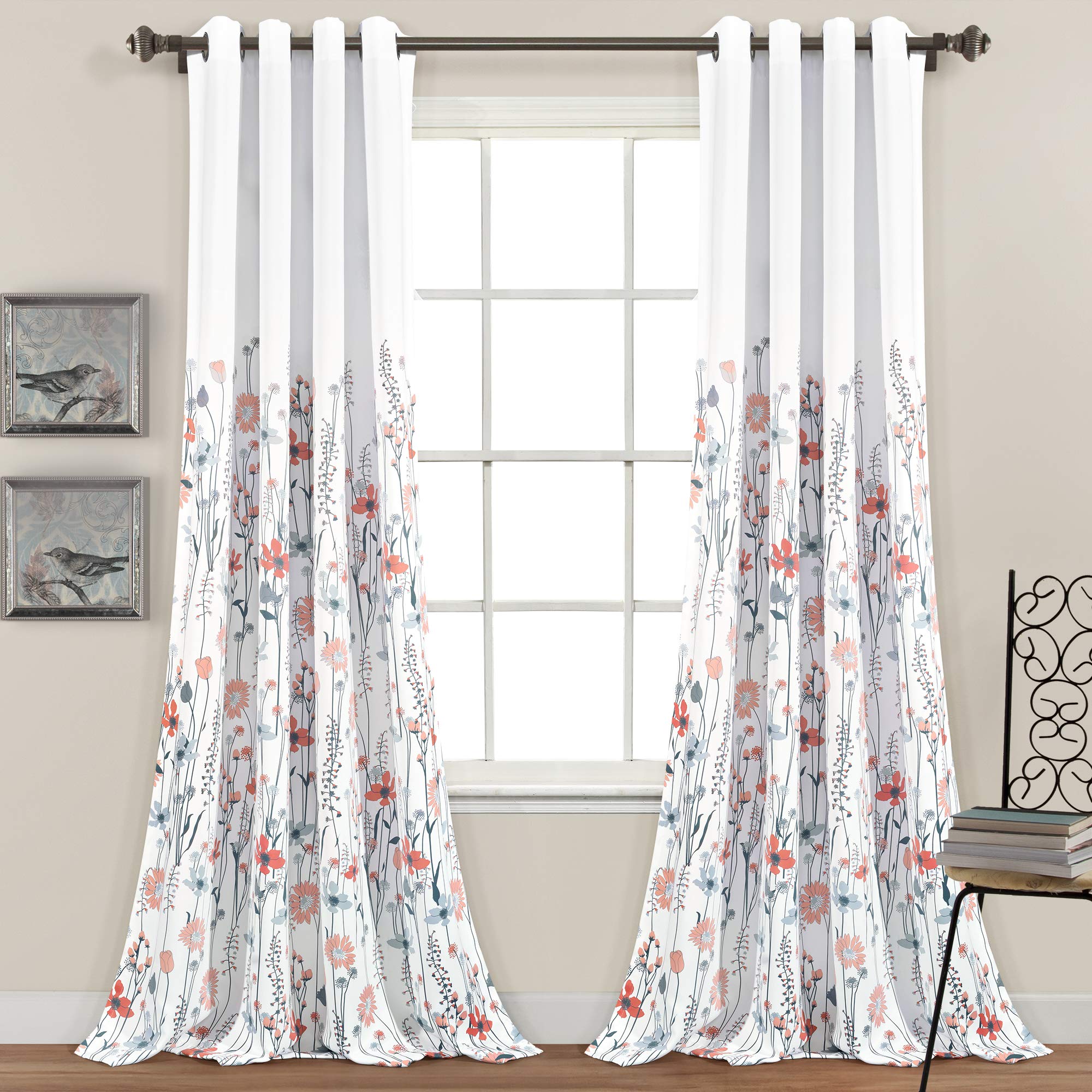 Lush Decor Clarissa Floral Light Filtering Window Curtain Panel Pair, 95" L x 52" W, Blue & Coral