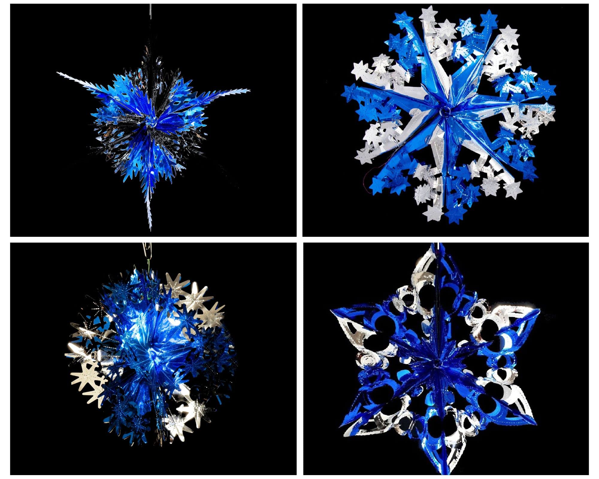 Simply Products Set of 4 40cm Christmas Foil Ceiling Garland Hanging Xmas Decoration, Long Star, Snowflake, Star Ball & Star (Royal Blue & Silver)