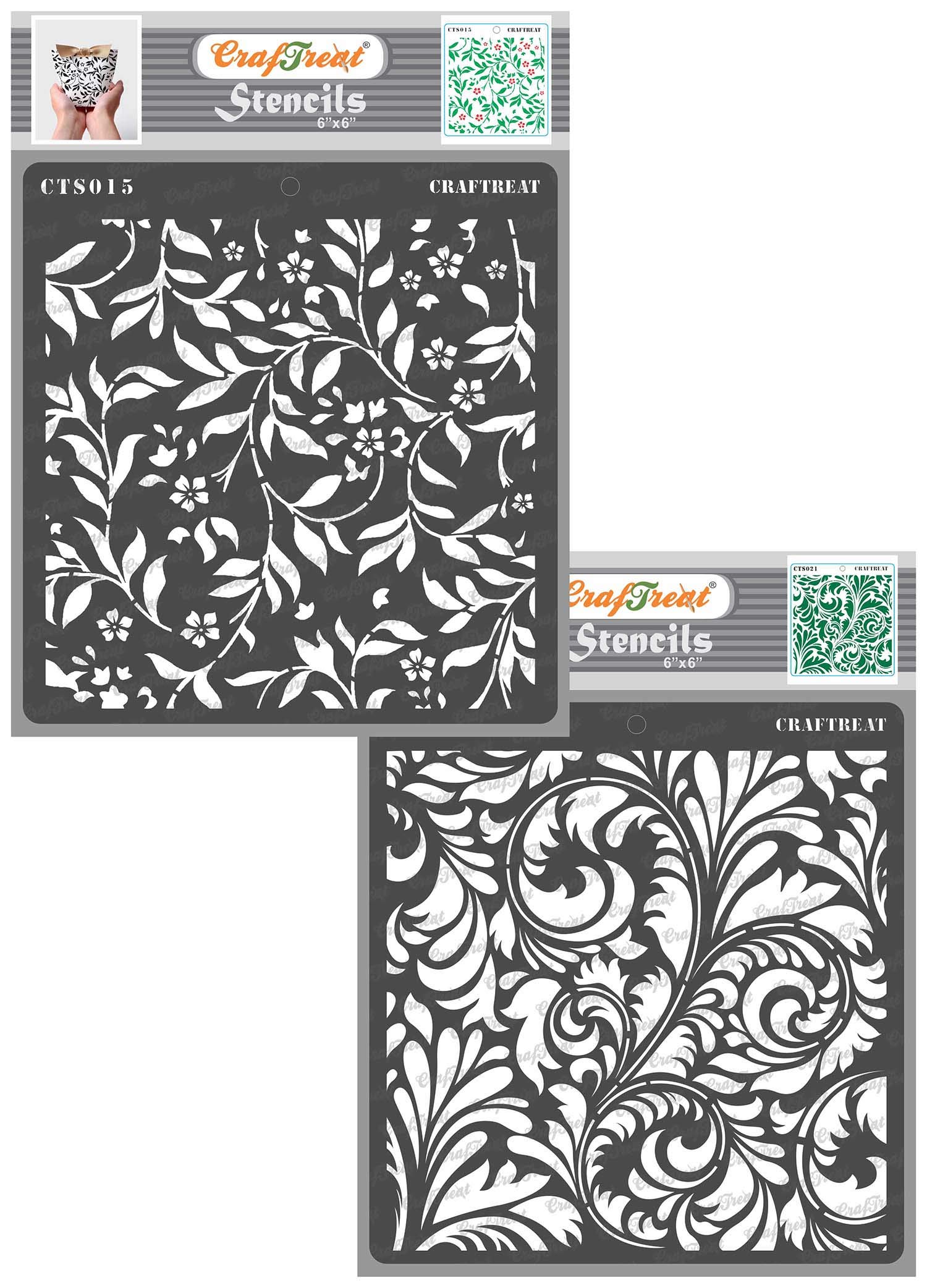 CrafTreat Reusable Leaf Stencils for Painting on Wood, Canvas, Paper, Tile and Wall - Flourish 1 and 2 (2Pcs) - Size: 6X6 Inch - Designer Flourish Stencil - Floral Stencils and Templates for Painting