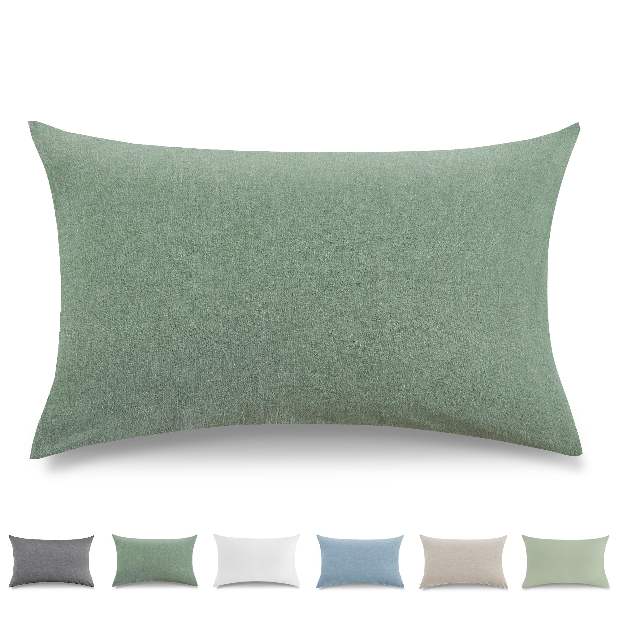 TOCOMOA Cushion Cover 40 x 60 cm Set of 2 - 100% Washed Cotton Cushion Covers Oeko-Tex Certified, Linen Look and Breathable Cushion Slip, Green Pillowcase with Zip — image 1