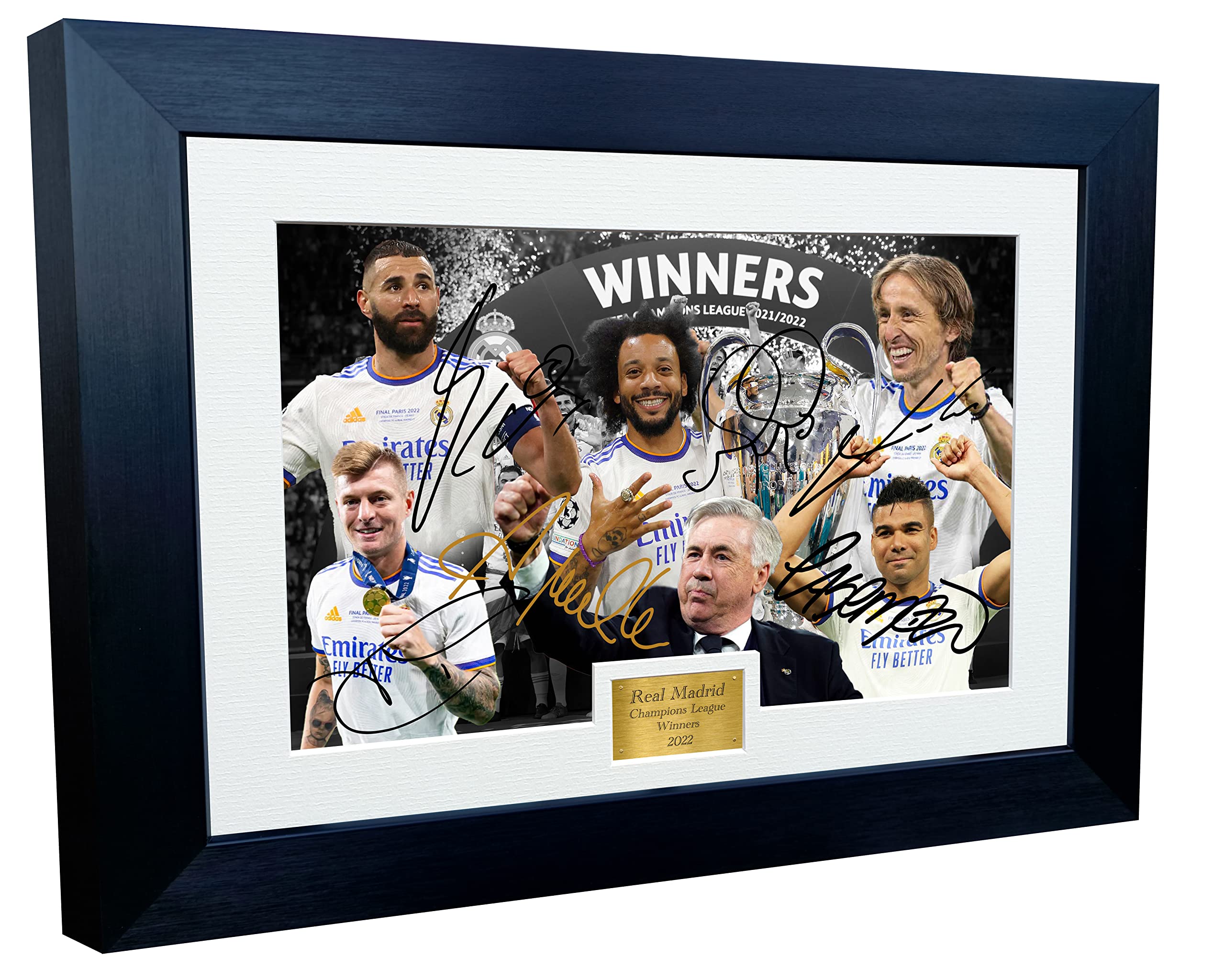 12x8 A4 Real Madrid Champions League Winners 2022 Celebration Benzema Modric Marcelo Kroos Casemiro Ancelotti Autographed Signed Photo Photograph Picture Frame Football Soccer Poster Gift