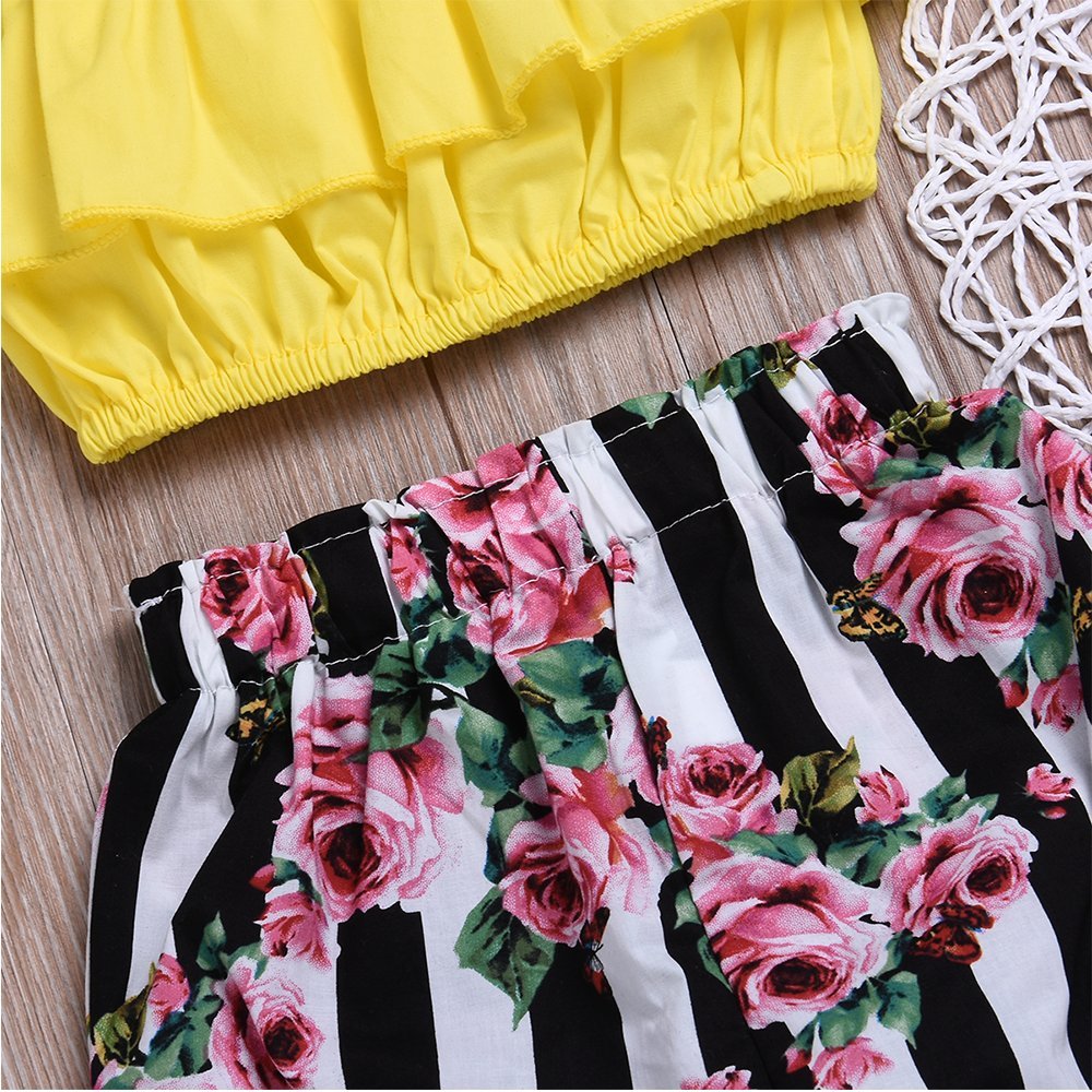2Pcs Baby Girls Off-Shoulder Crop Tops+ Long Floral Striped Flare Pants Infant Summer Outfits Clothes Set(3-4T)