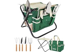 GardenHOME 7-Piece Gardening Tool Set – Stainless Steel Tools with Wooden Handles, Folding Stool & Canvas Tote, Durable Garden Kit for Women and Beginners
