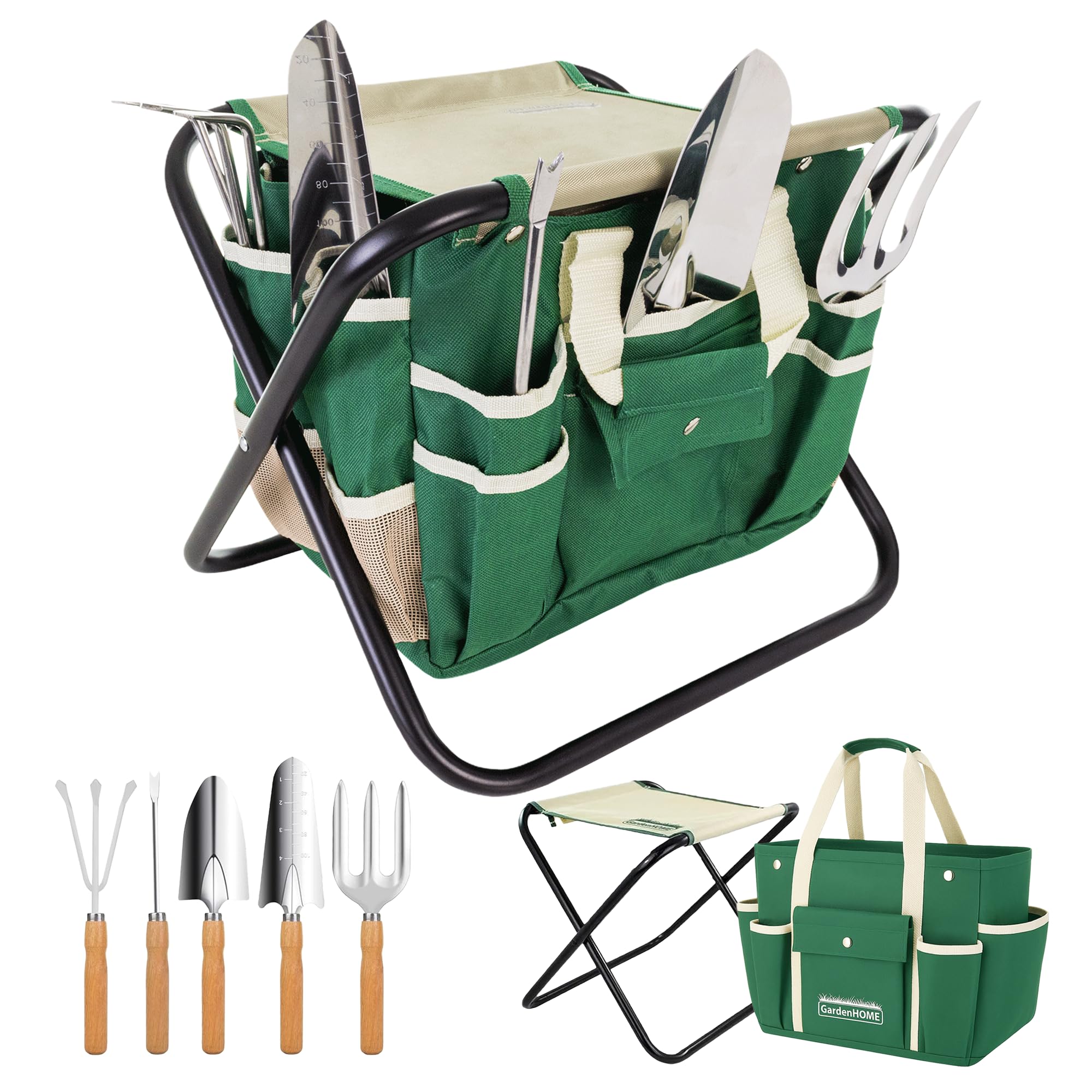GardenHOME Garden Tool Set, Stainless Steel 7 Piece Tool Set, Heavy Duty Folding Stool, Detachable Canvas Tote Bag, Gardening Tool Kit Organizer