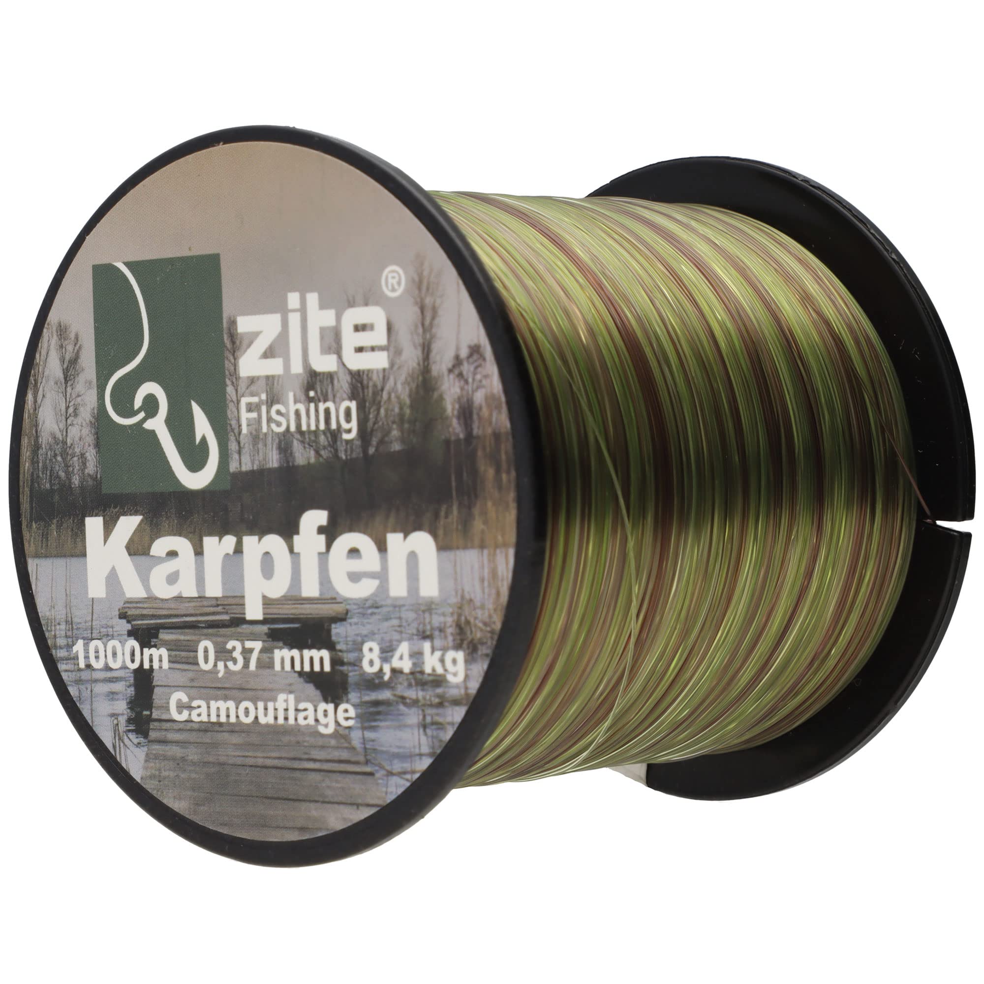 Zite Monofilament Fishing Line - Carp Line 0.37 mm 1000 m Spool - Abrasion-Resistant Nylon Line with 8.4 kg Load Capacity - Brown, Green Camouflage
