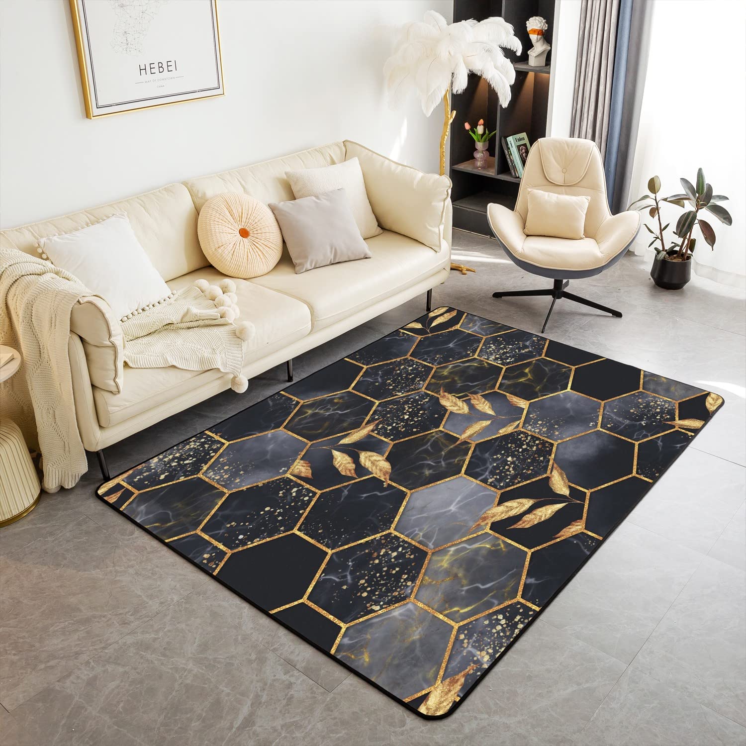 Loussiesd Honeycomb 150x200 Living Room Rugs Boys Girls Black Marble Area Rug For Kids Modern Marble Aesthetic Decorative Carpet Set Geometrical Gold Black Indoor Floor Mat