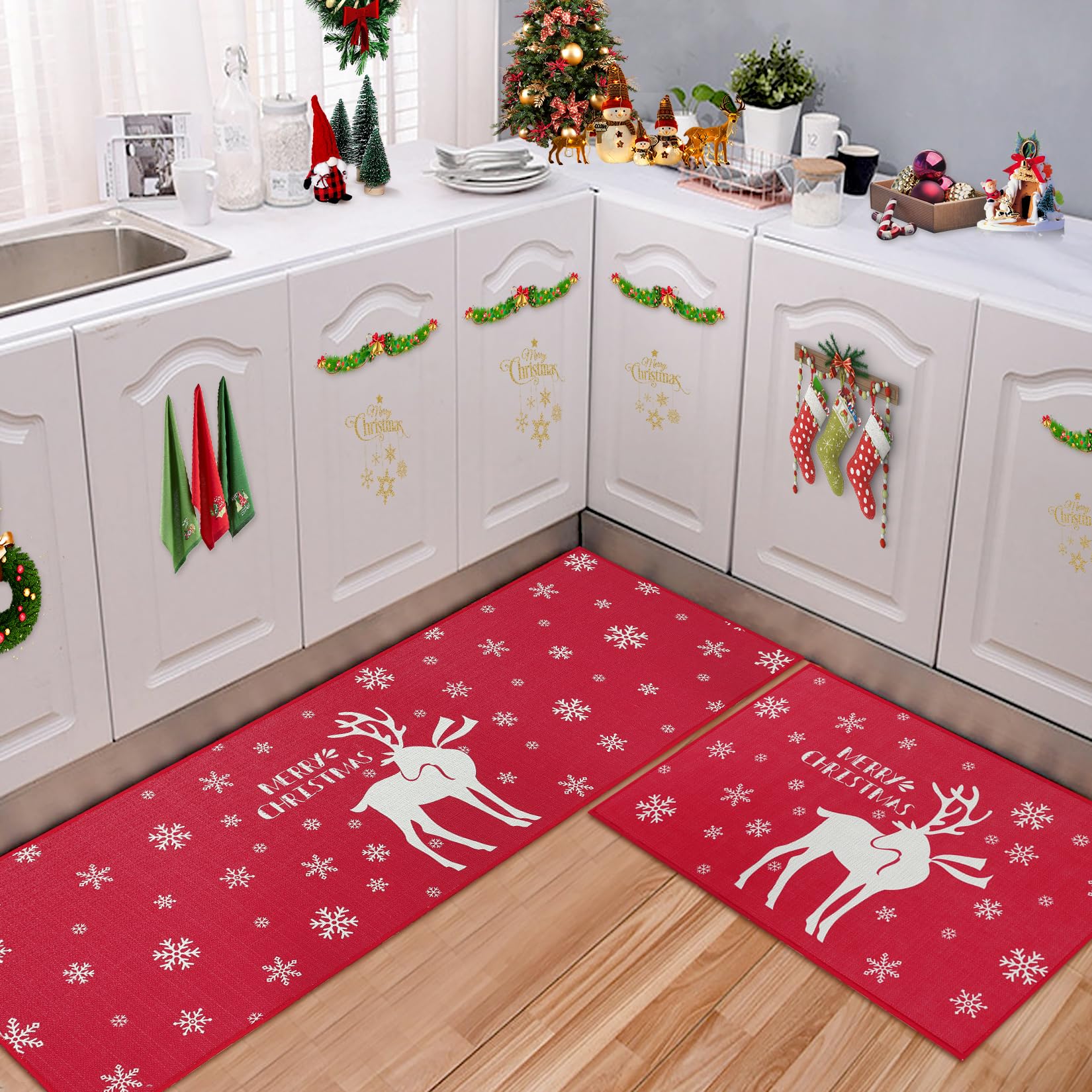 CAROMIO Kitchen Mats Non Slip Christmas Runner Rugs for Kitchen Hallway Dinning Room Washable Floor Mats Comfort Standing Carpets Christmas Home Decor White Printed Reindeer 40x60+40x120 cm