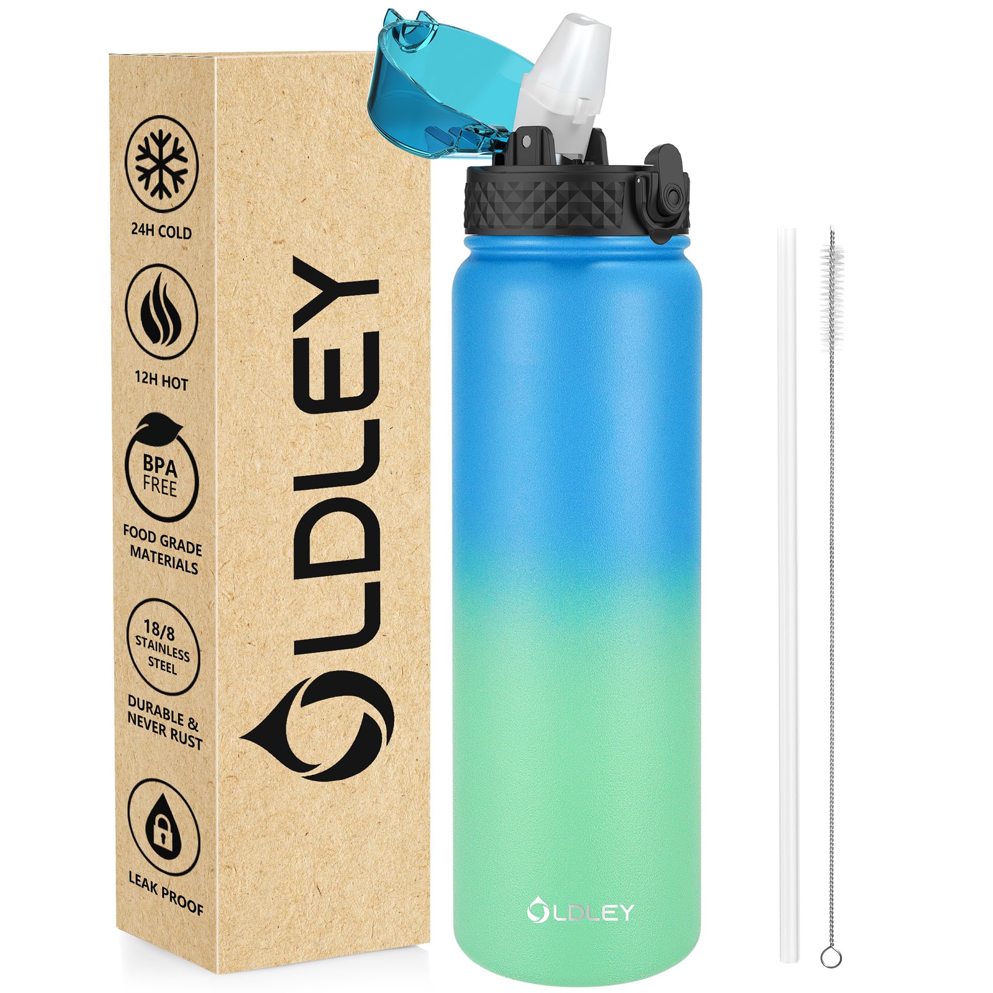 OLDLEY Stainless Steel Water Bottle with Straw 1L Vaccum Insulated Large Drink Flask Metal Water Bottles 1 Litre Leakproof Keep Drinks Hot Cold for Bike Sports Gym Adult Women Men(Blue Green, 1 Lid) — image 1