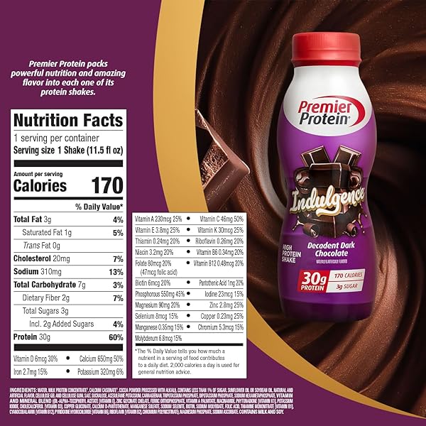 PREMIER PROTEIN SHAKE INDULGENCE, DECADENT DARK CHOCOLATE, 30G PROTEIN, 170 CALORIES, 3G SUGAR, 11.5 FL OZ, 12 PACK (PACKAGING MAY VARY)